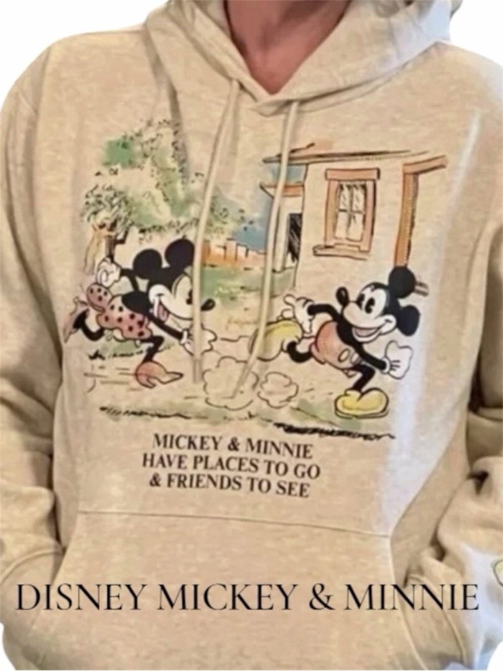 Disney Mickey & Minnie with Beige Hoodie Colorful Vintage Print Large NWT.  B-30